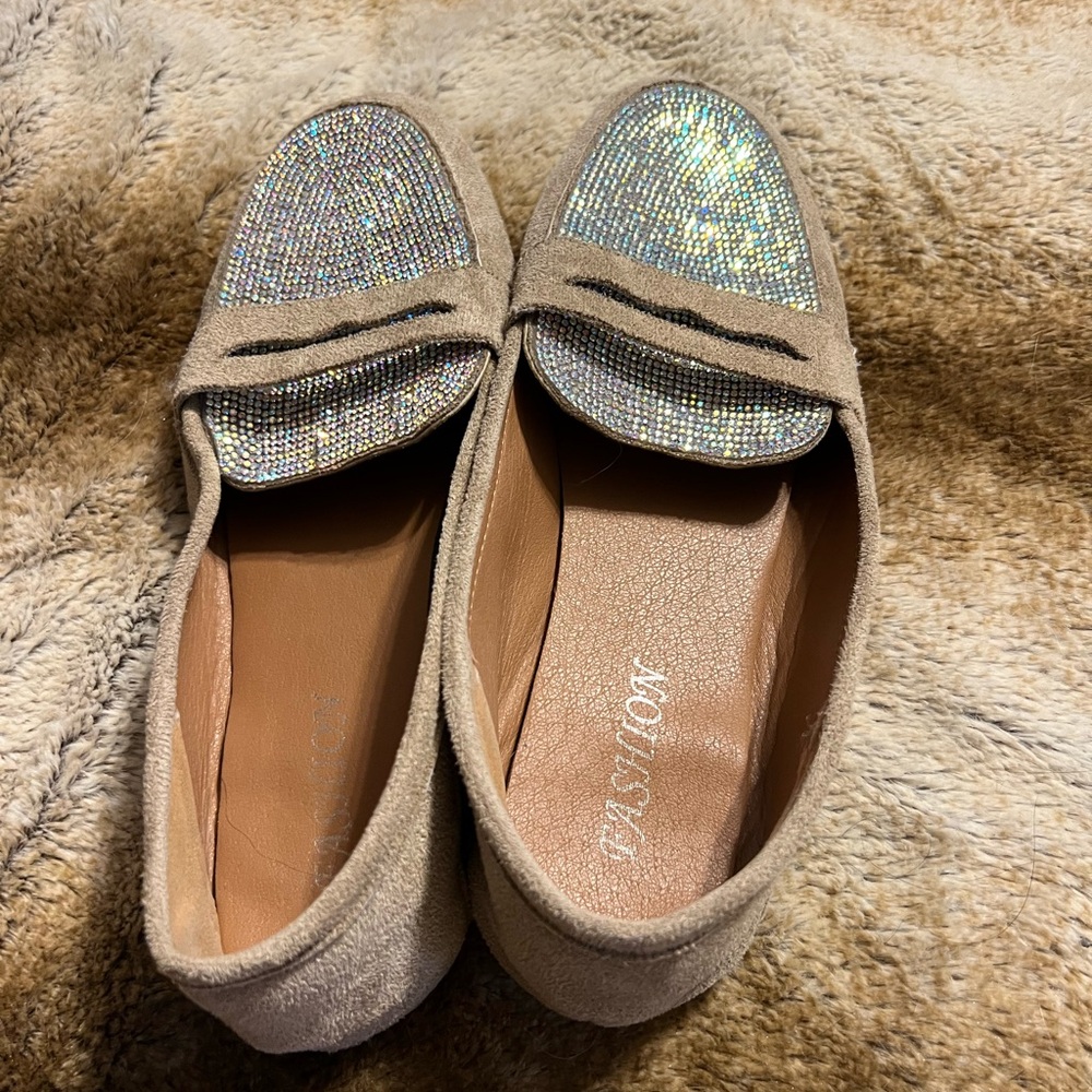 Tan Loafers with Sparkling Silver Accents